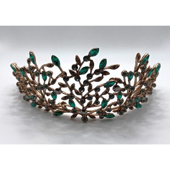 Golden Tiara Leaf with Green Glass Crystals Bridal Prom Crown Headpiece - Picture 2 of 5